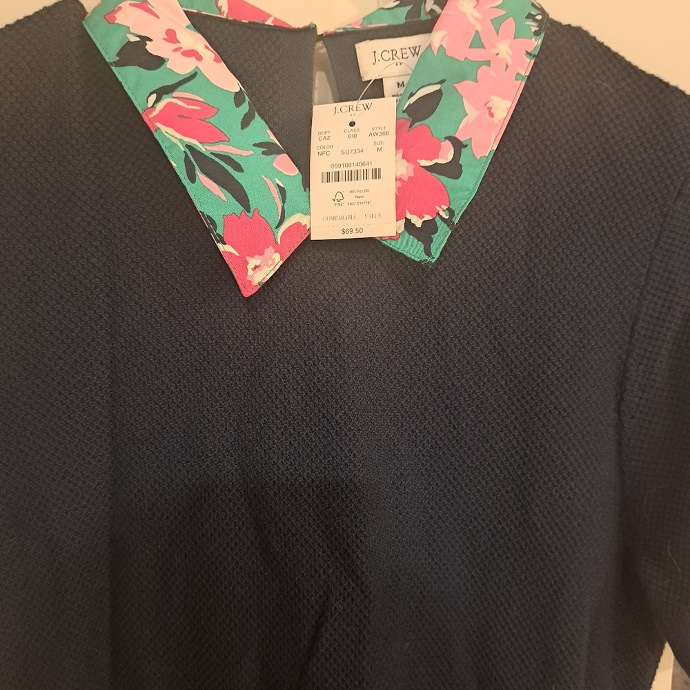 J. Crew Navy Textured Top with Floral Collar